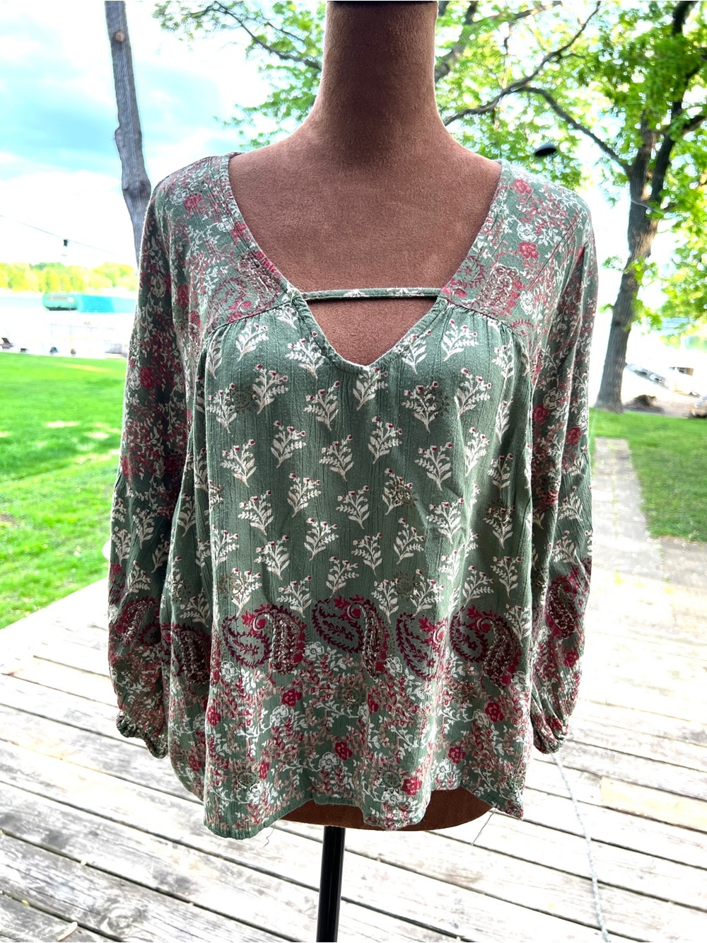Angie Olive Green & Berry Floral V-Neck Boho Blouse
